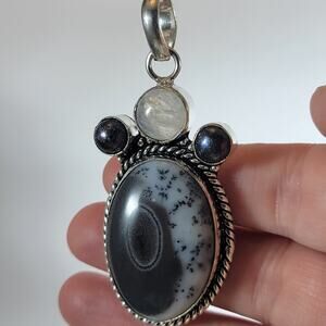 Handmade Silver Pendant With Dendritic Agate, Moonstone Flash & Black Onyx Trio